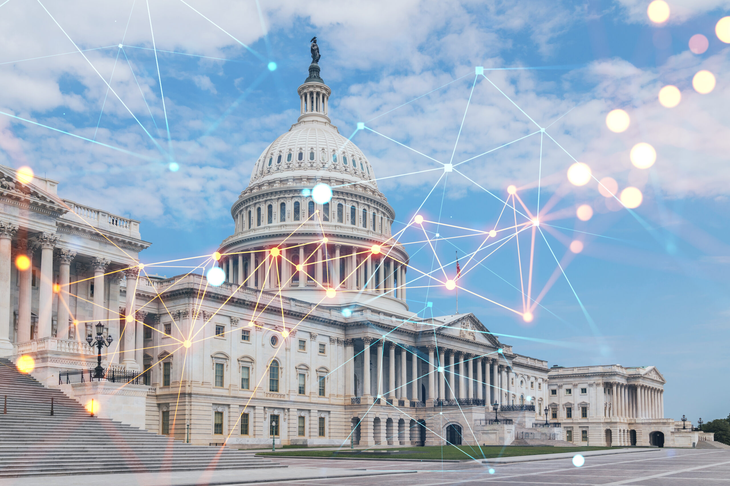 Capitol dome building exterior, Washington DC, USA. Home of Congress and Capitol Hill. American political system. Social media hologram. Concept of networking and establishing new people connections