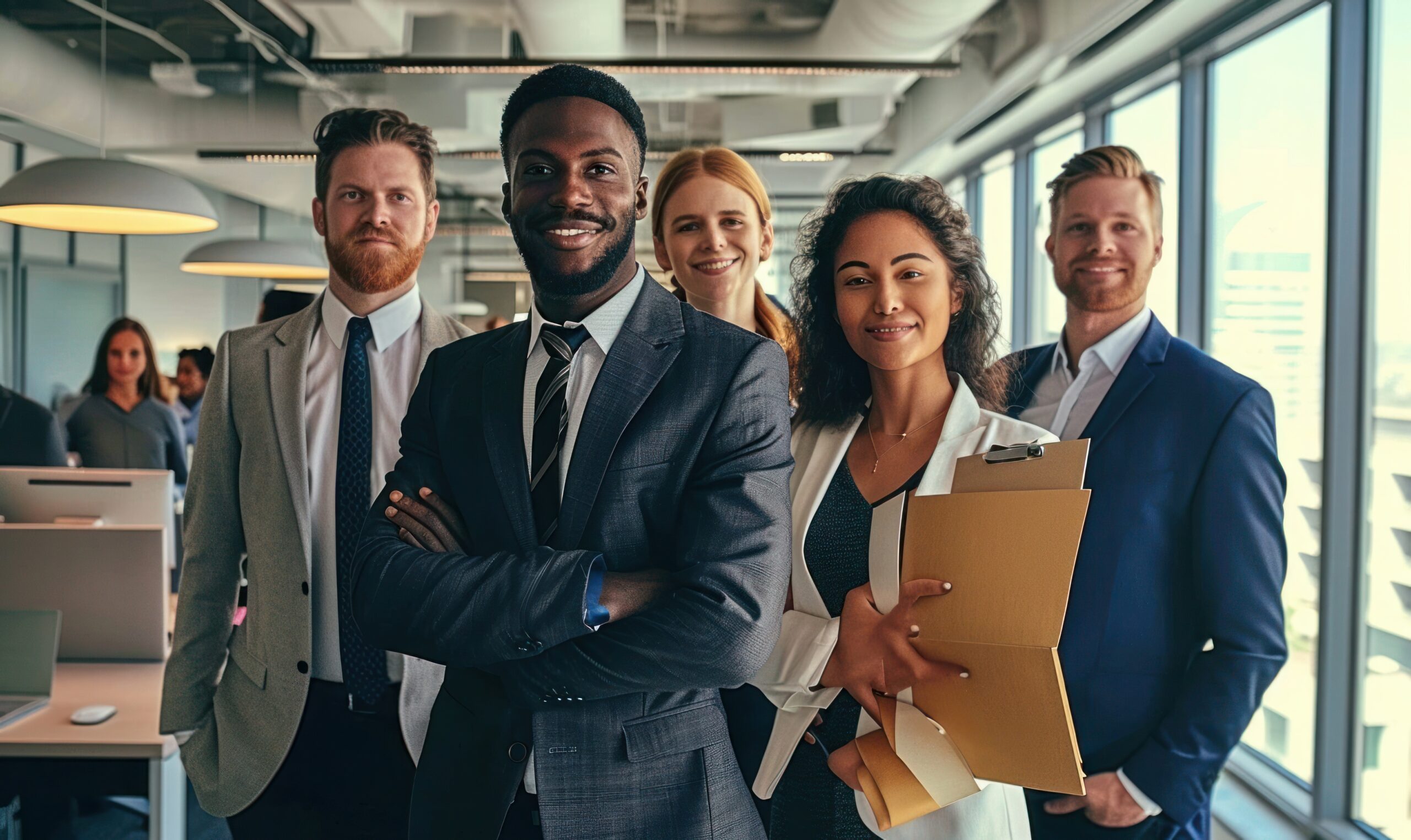 Young happy professional international team business people workers standing in corporate office, diverse multiethnic smiling employees colleagues company staff posing for team, Generative AI