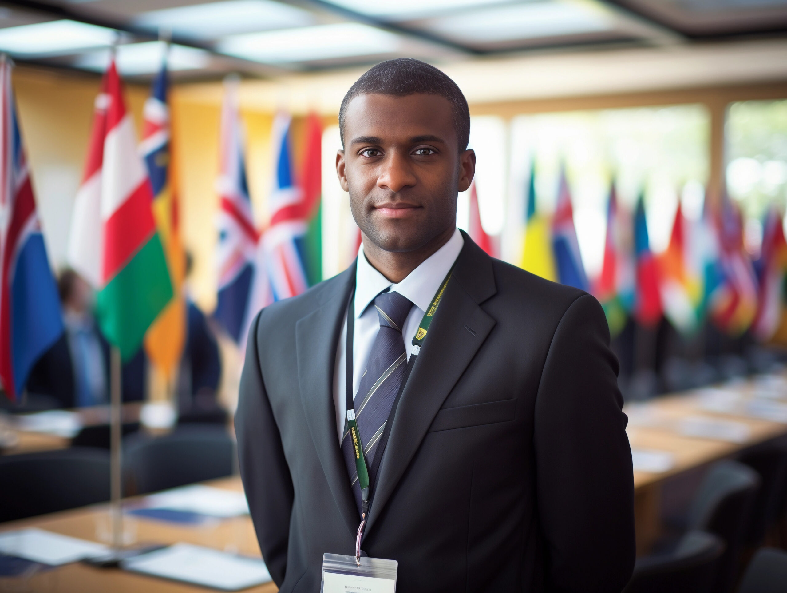 Businessman Standing in Front of Row of Flags at a Formal Event