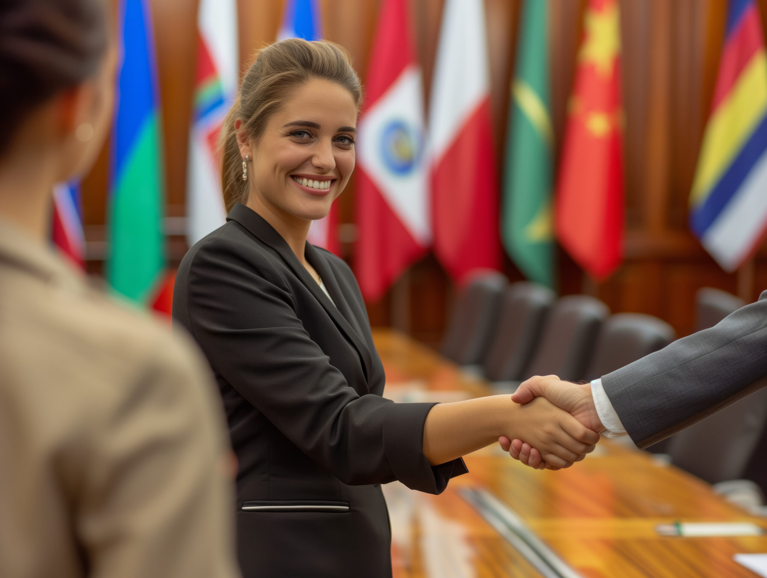 International Diplomacy Handshake. A female executive in a formal suit warmly greeting with a handshake, international flags background.